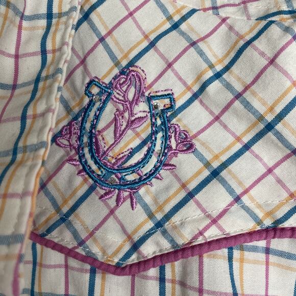 Bit & Bridle Womens Pearl Snap Shirt Large Pink Blue White Plaid Pockets Western - Picture 3 of 8